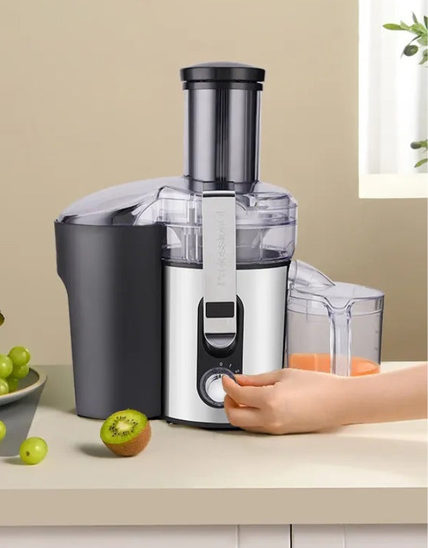 Moulinex Easy Fruit Juicer 800W Metal side view with user hand operating control knob