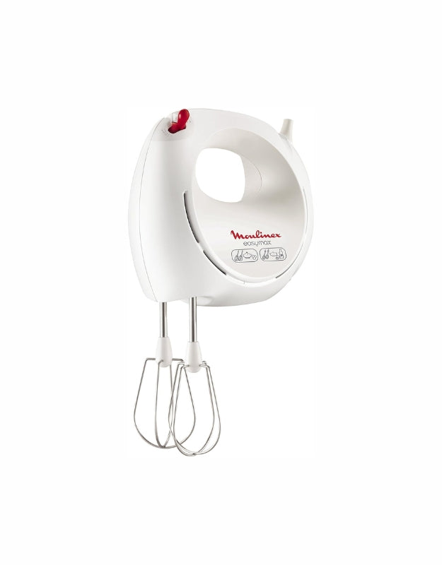 Moulinex Easy Max 200W white hand mixer with ergonomic handle and dual stainless steel beaters