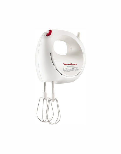 Moulinex Easy Max 200W white hand mixer with ergonomic handle and dual stainless steel beaters