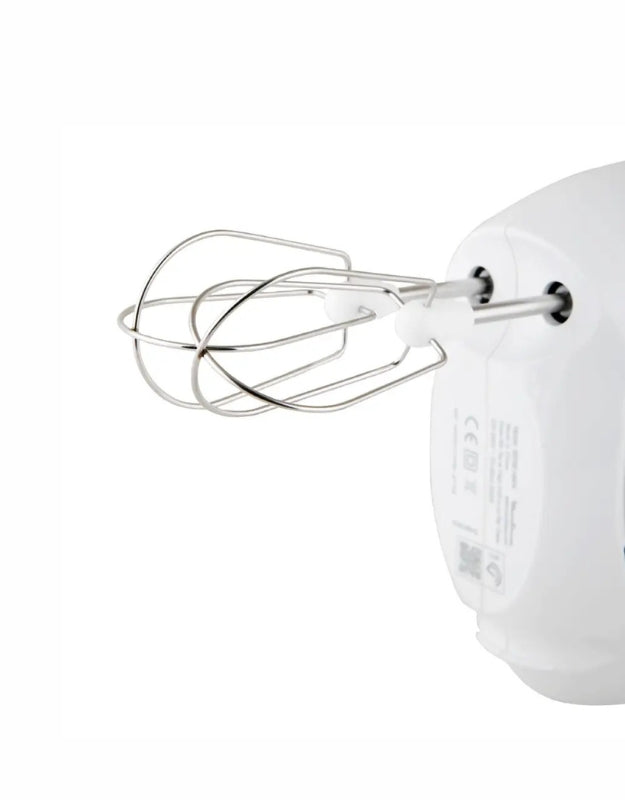 Close-up of Moulinex Easy Max 200W hand mixer stainless steel beaters for efficient whipping and kneading