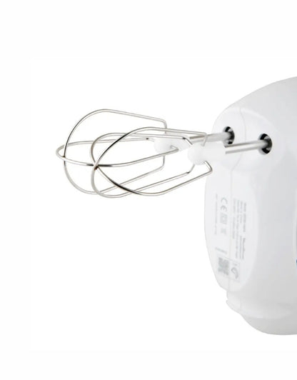 Close-up of Moulinex Easy Max 200W hand mixer stainless steel beaters for efficient whipping and kneading