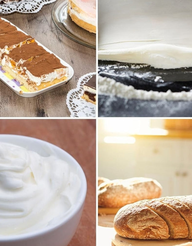 Desserts and baked goods made with Moulinex Easy Max 200W mixer, including cakes, whipped cream, and homemade bread