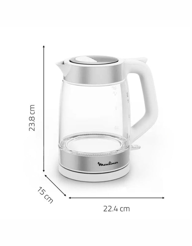 Moulinex glass electric kettle 1.7L with size dimensions – 23.8 cm height, 22.4 cm width, 15 cm depth