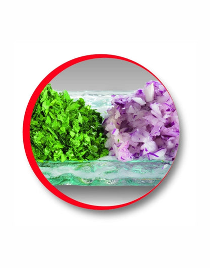 Close-up of finely chopped herbs and onions prepared with Moulinex Moulinette 500ml food chopper