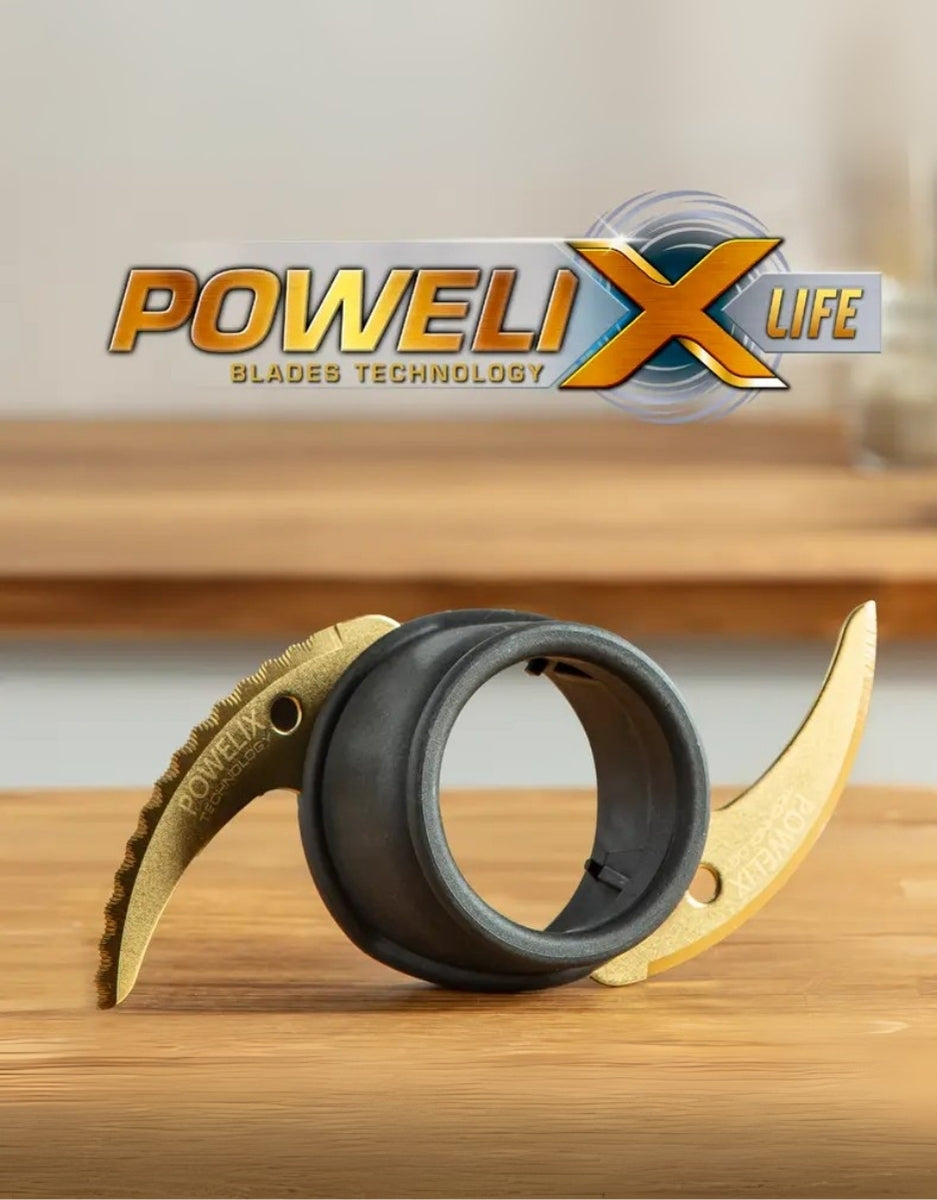 Close-up of Moulinex Powelix Life blades featuring gold titanium-coated edges for enhanced durability and cutting precision