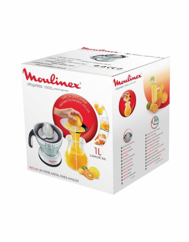 Moulinex Vita Press Juicer 1 L product box showing features and packaging design
