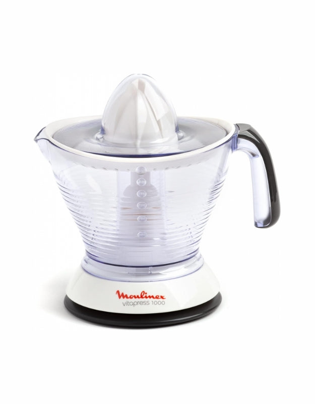 Moulinex Vita Press Juicer 1 L white and transparent design with black handle on white background
