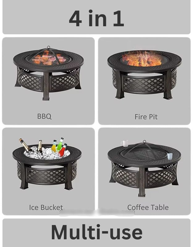 4-in-1 fire pit table showing multi-use as BBQ, fire pit, ice bucket, and coffee table.