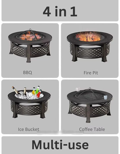 4-in-1 fire pit table showing multi-use as BBQ, fire pit, ice bucket, and coffee table.