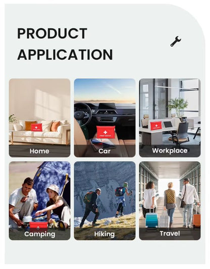 First aid kit applications for home, car, office, travel, camping and hiking.