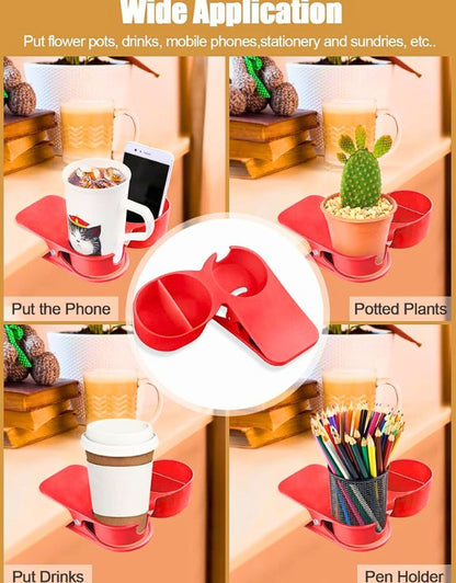 Collage showing various uses of the red mug holder clip, including holding a mug, phone, potted plant, and pens on a desk