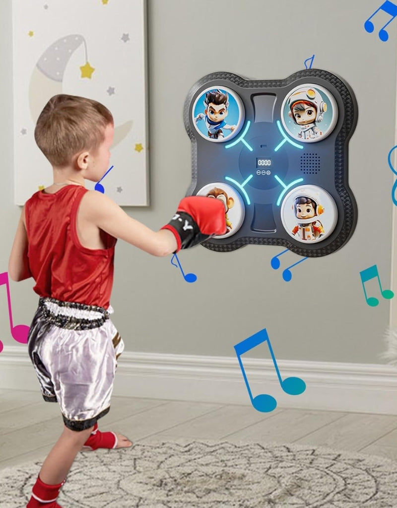 Child in red vest punching the wall-mounted Music Boxing Machine with sound effects.