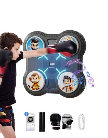 Boy hitting the Music Boxing Machine Wall Mounted set, showing all included accessories and gloves.