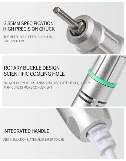 Nail drill handpiece with cooling hole, precision chuck, and safe handle.
