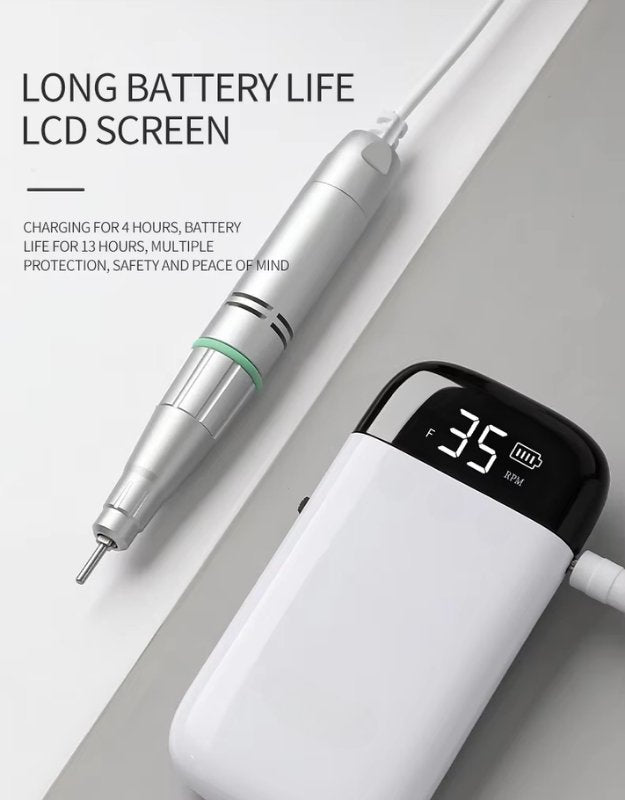 Nail drill with LCD screen showing battery life and RPM speed.