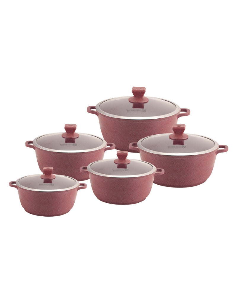 Nea Marbell Stockpot Set 5-piece in red color with glass lids – non-stick marble finish cookware