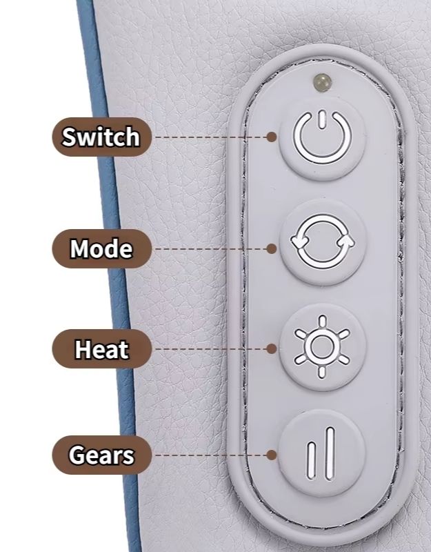 Control panel of a neck massager with four buttons labeled Switch, Mode, Heat, and Gears for power, massage mode, heat function, and speed settings.