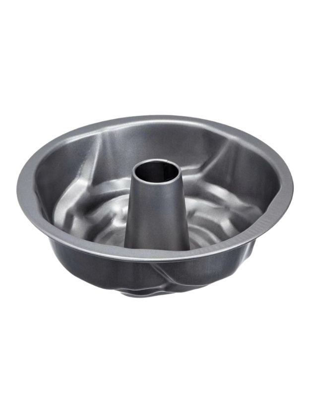 Metal bundt cake pan on a white background. Inside view of nonstick black bundt cake pan with center tube.