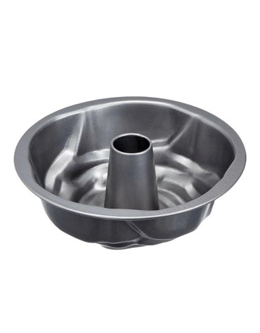Metal bundt cake pan on a white background. Inside view of nonstick black bundt cake pan with center tube.
