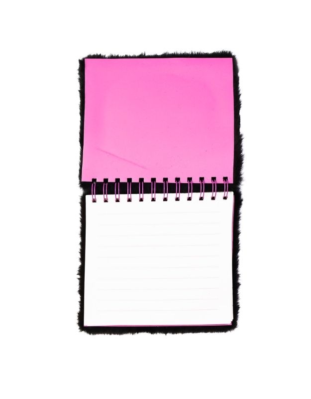 Notebook with pink cover and white pages on a white background