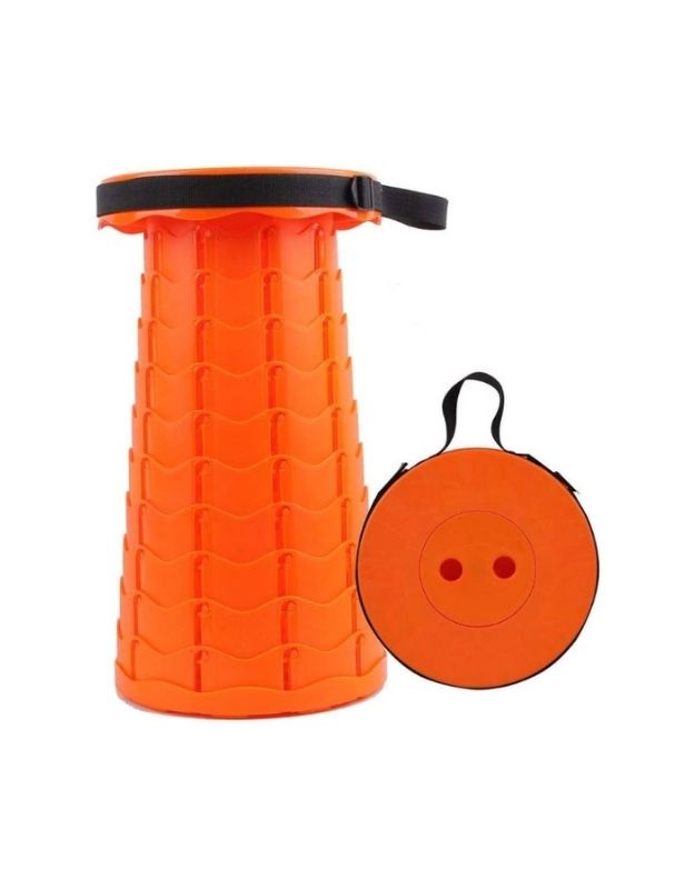 A orange foldable telescopic stool with adjustable height mechanism, shown disassembled into three components.