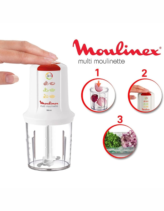 Moulinex Moulinette 3-in-1 white chopper showing step-by-step use for chopping onions, herbs, and vegetables