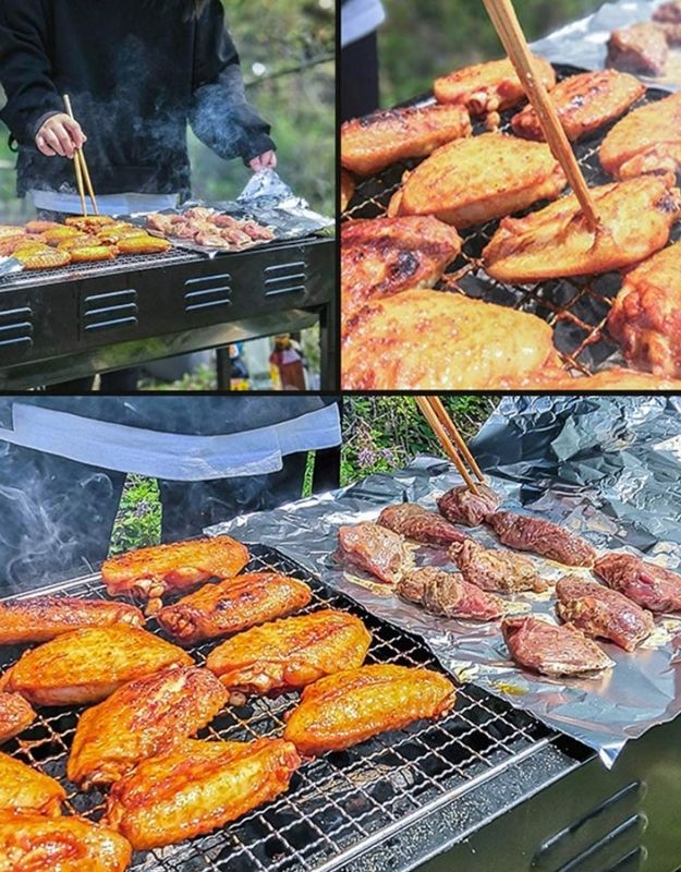 Portable charcoal BBQ grill with foldable legs for outdoor cooking. Large cooking space – fits skewers, corn, burgers, or steaks.