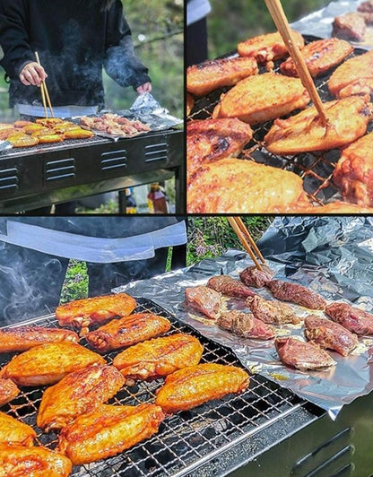 Portable charcoal BBQ grill with foldable legs for outdoor cooking. Large cooking space – fits skewers, corn, burgers, or steaks.