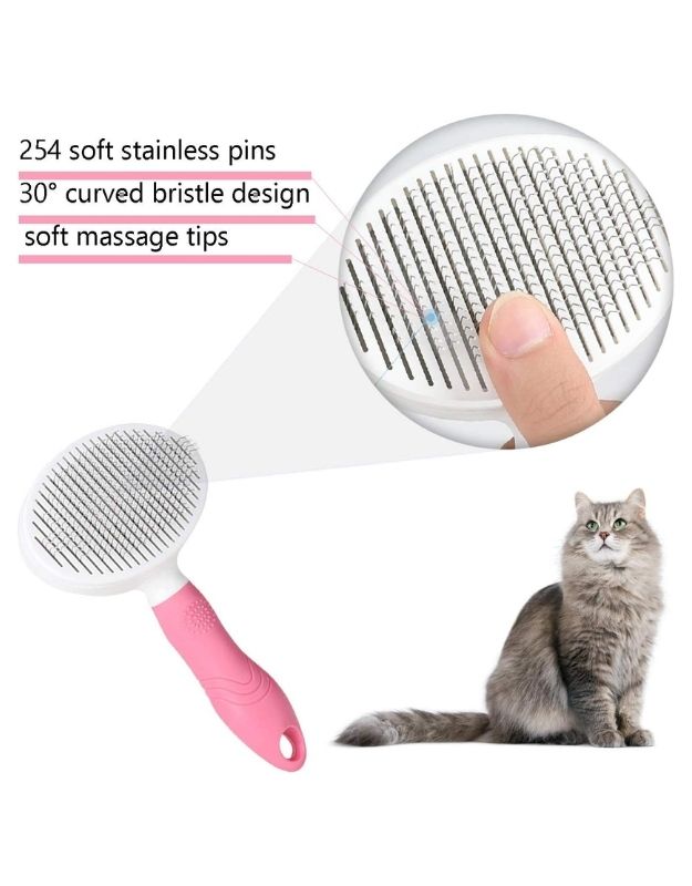 Pink slicker pet brush with 254 stainless pins and curved massage bristles.