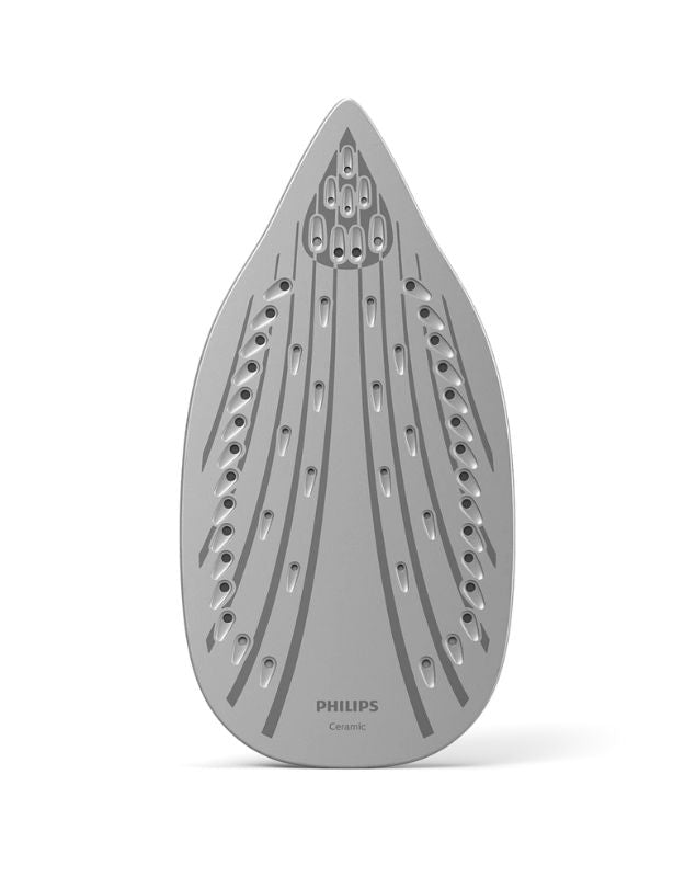 Close-up of Philips ceramic soleplate with multiple steam holes.