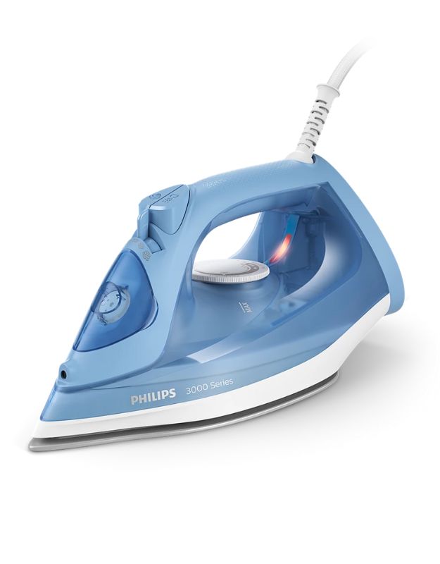 Philips 3000 Series DST3020/20 steam iron with blue design.