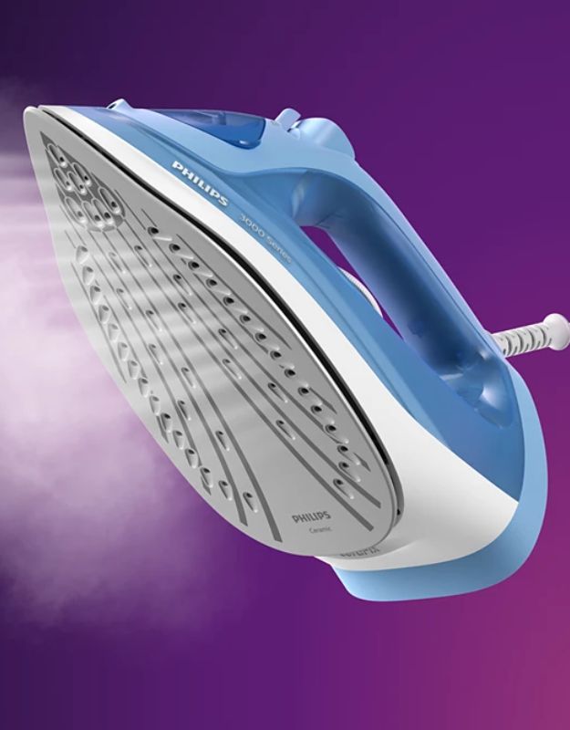 Philips 3000 Series steam iron with steam output from ceramic soleplate.