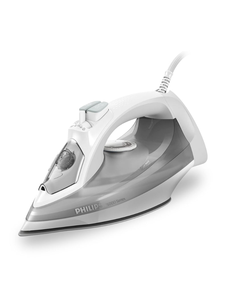 Philips 5000 Series 2400W steam iron in white and gray design, featuring precision tip and ergonomic handle