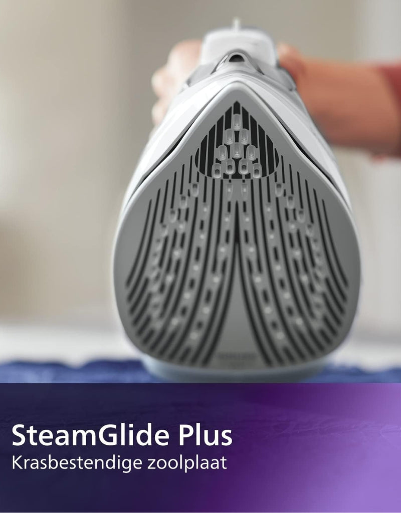 Close-up of Philips 5000 Series SteamGlide Plus soleplate with non-stick and scratch-resistant surface