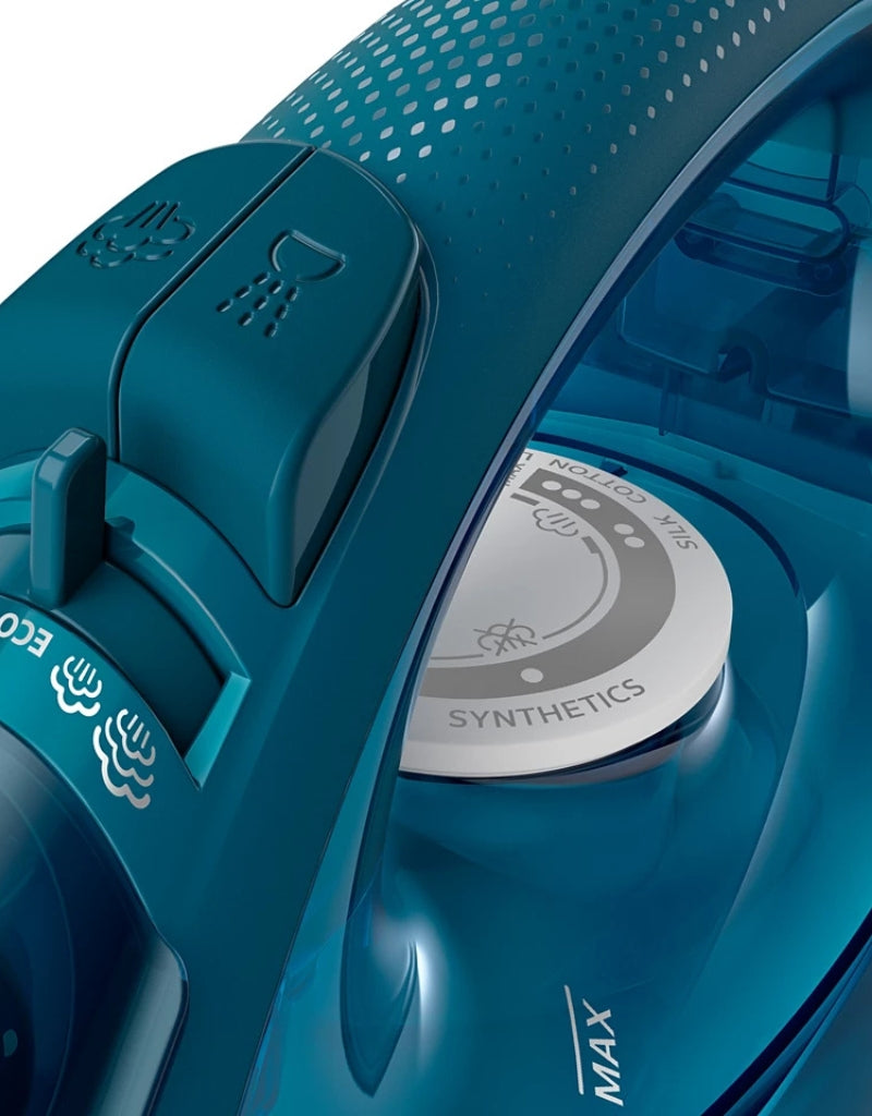 Close-up view of Philips EasySpeed Plus 2000W steam iron temperature and steam control buttons