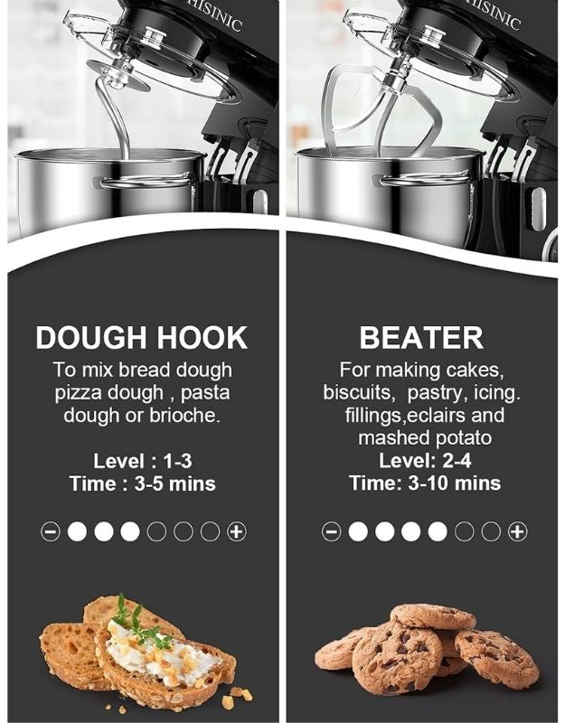 PHISINIC stand mixer with dough hook attachment for bread and pizza dough.