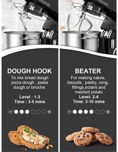 PHISINIC stand mixer with dough hook attachment for bread and pizza dough.