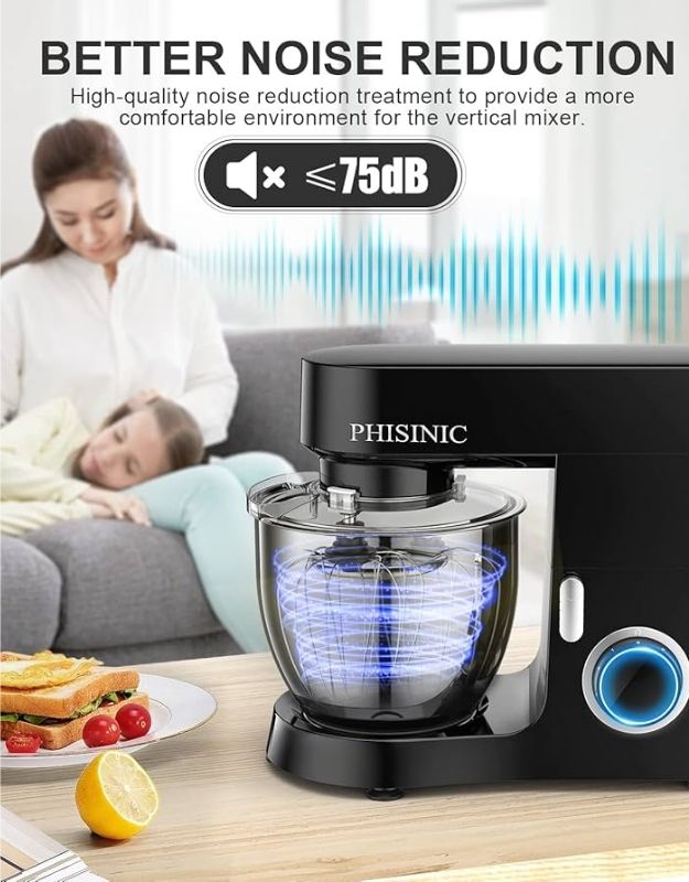 Low-noise PHISINIC stand mixer operating under 75 decibels.