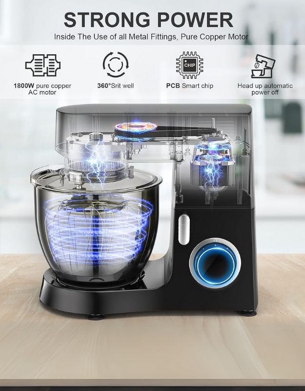 PHISINIC stand mixer with 1800W copper motor and 360-degree mixing.