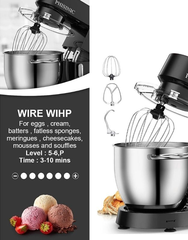 PHISINIC stand mixer with wire whisk for cream, meringues, and desserts.