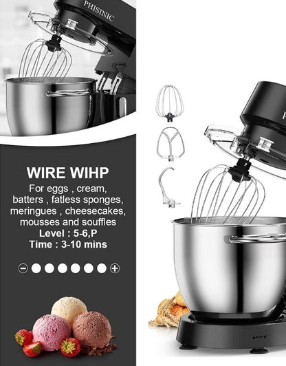 PHISINIC stand mixer with wire whisk for cream, meringues, and desserts.