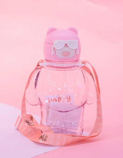 Pink bear-shaped water bottle with white sunglasses and a pink strap, 850ml.