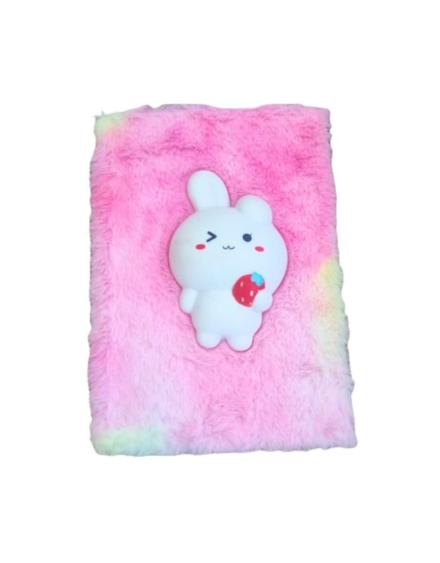 Pink fluffy diary with a cute 3D bunny holding a strawberry and winking.