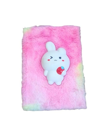 Pink fluffy diary with a cute 3D bunny holding a strawberry and winking.