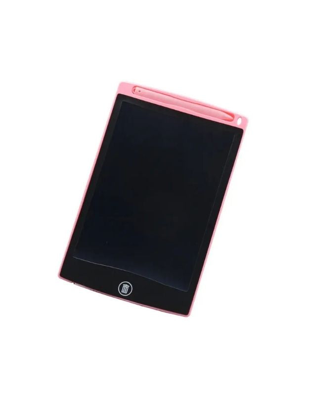 A child is drawing on a portable drawing board graphic tablet with a colorful pen, accompanied by an adult.