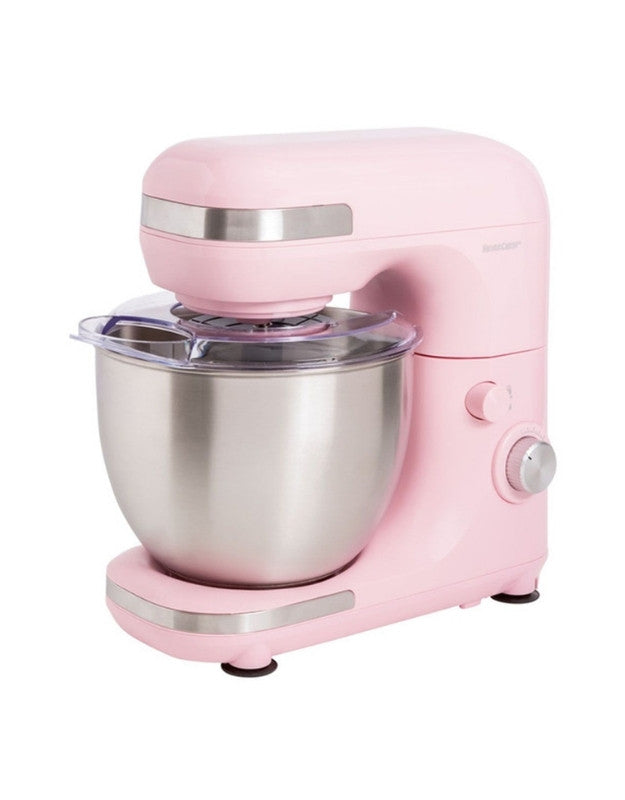 Pink stand mixer with stainless steel mixing bowl on white background.