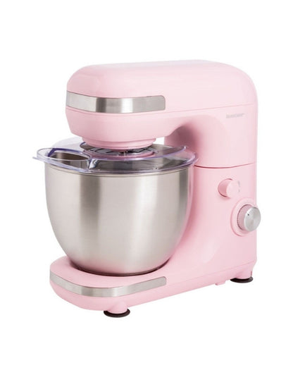 Pink stand mixer with stainless steel mixing bowl on white background.