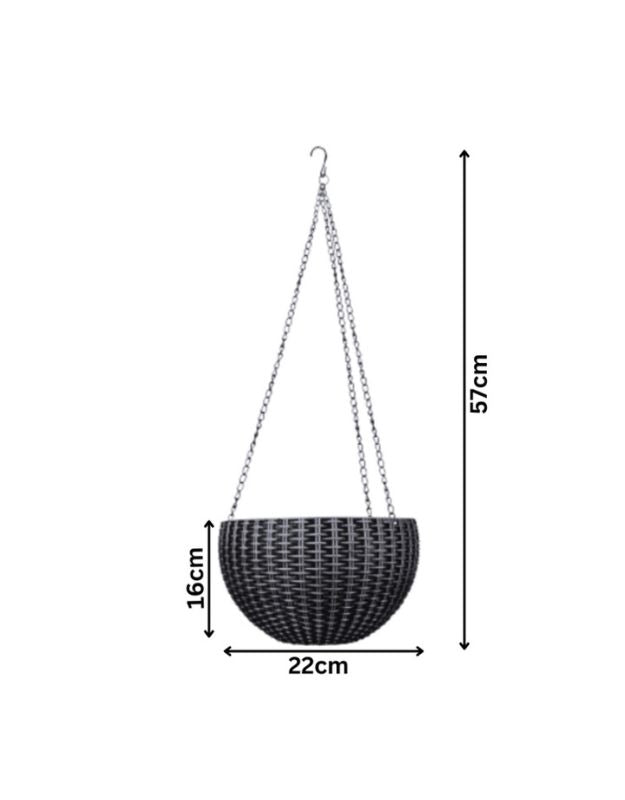 Plastic hanging flower pot with 22cm width and 16cm height shown with chain length.