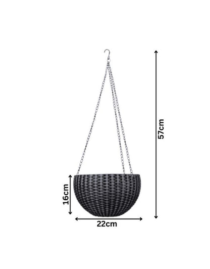Plastic hanging flower pot with 22cm width and 16cm height shown with chain length.