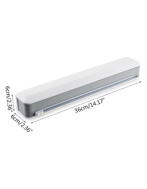 Rectangular product with dimensions labeled on a white background. Plastic wrap dispenser showing dimensions 36 cm by 6 cm in white and gray design.